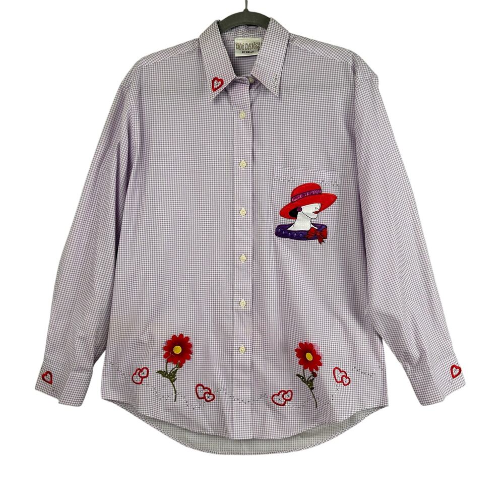 Hot Dames Red Hat Society Button Up Shirt Size M Gingham Purple Red Appliqué